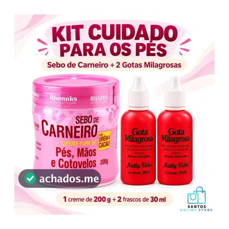 Kit Creme Sebo De Carneiro Hidratante Pés Mãos Cotovelos + 2 Gota Milagrosa 30ml