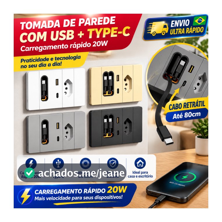 Painel de tomada USB padrão brasileiro com carregamento rápido de 20W, cabo retrátil e porta Tipo-C
