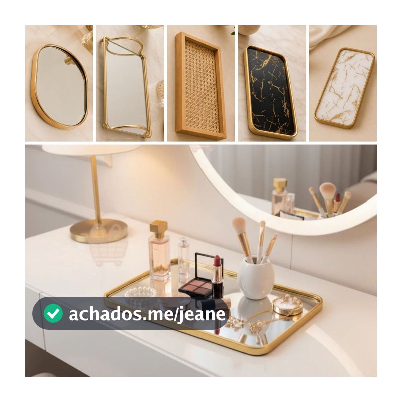 Bandeja Decorativa Espelhada Multiuso Sala Quarto Maquiagem Decoração 20x30CM Luxuosa Dourada Preta