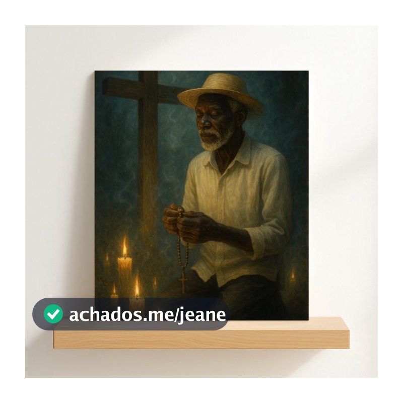 QUADRO DECORATIVO PLACA MDF-PRETO VELHA FAZENDO A ORAÇÃO COM SEU TERÇO