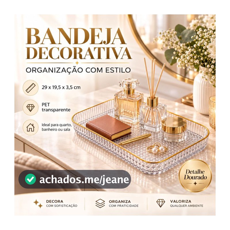 Bandeja Organizadora Decorativa Borda Dourada Cosméticos Perfume Maquiagem Penteadeira Banheiro Cozinha 30cm