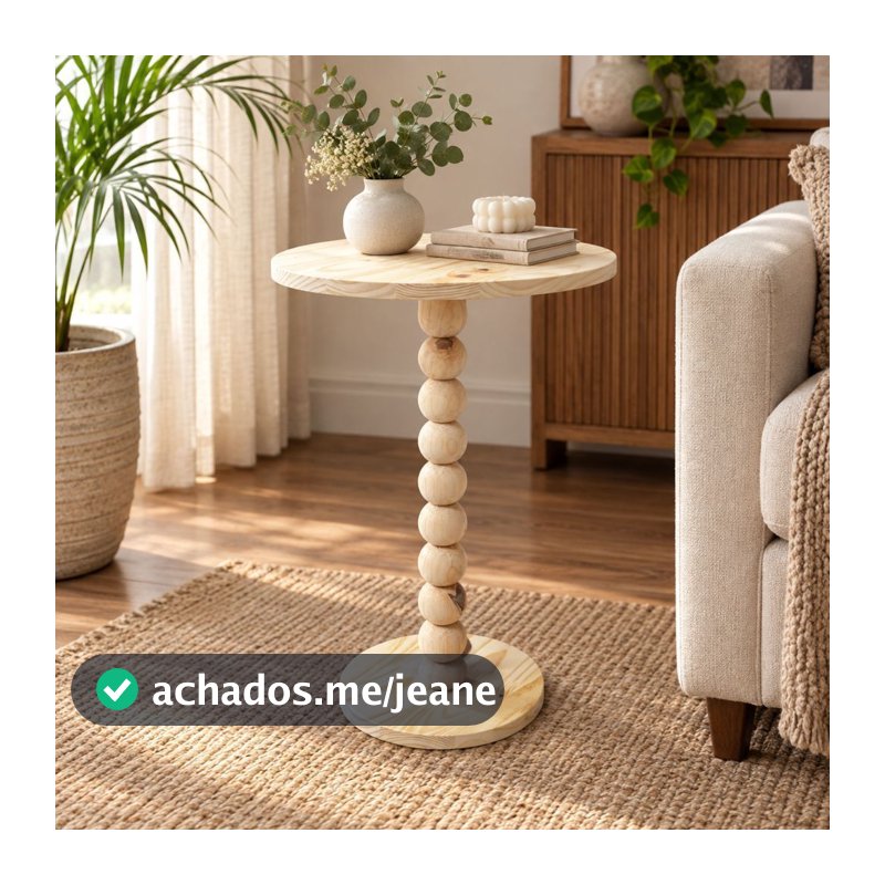 Mesa de apoio, mesa lateral em madeira pinus com haste torneada em esferas - bolinhas