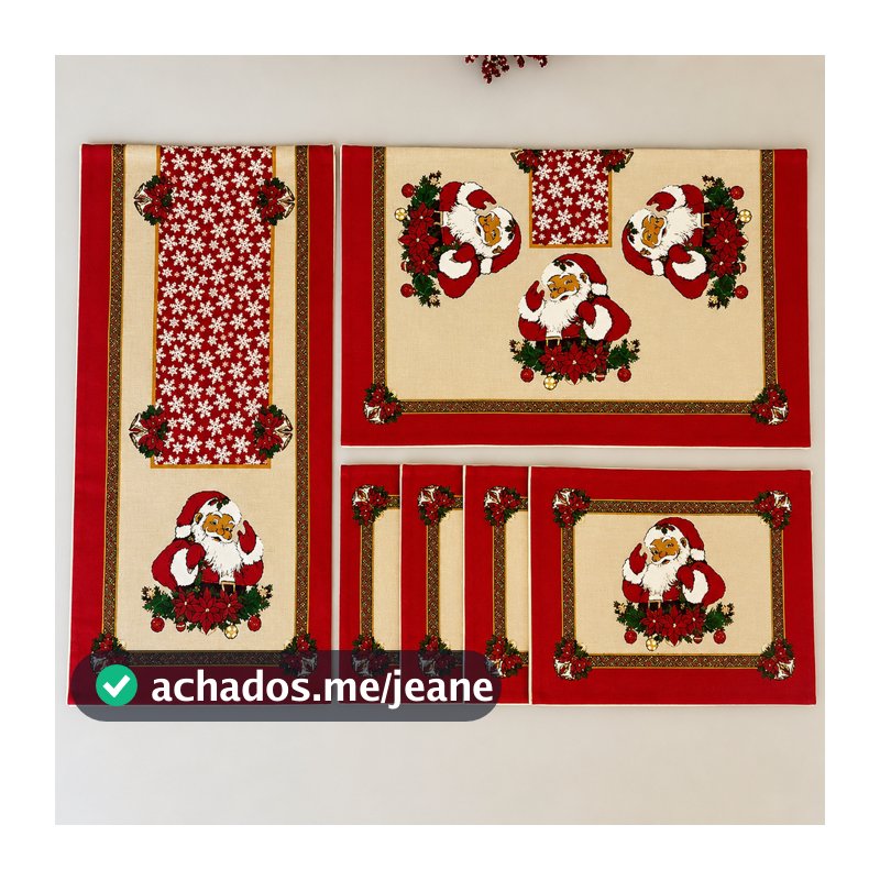 Jogo Americano Natal Papai Noel 6 Peças Trilho de Mesa + Toalha + 4 Toalhas de Chá