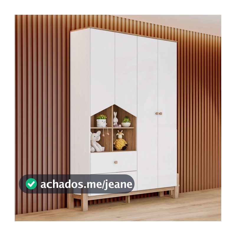 Guarda-Roupa Infantil Ternura 4 Portas 2 Gavetas Branco/Jequitibá - Henn