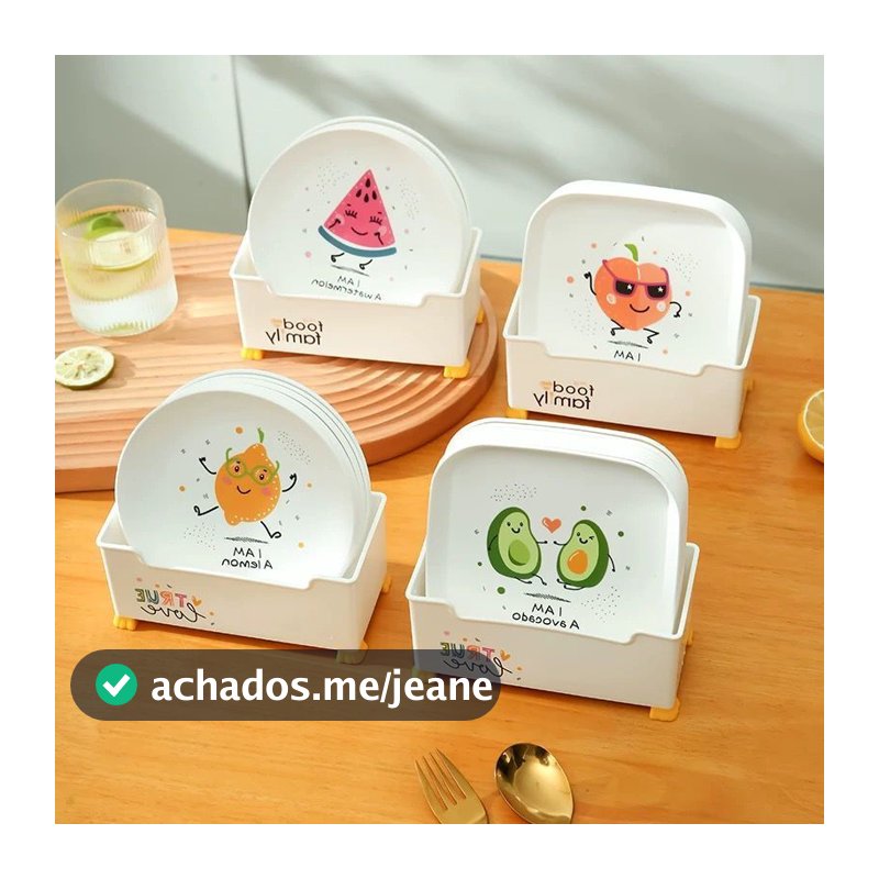 Kit 8 Pratos para Lanches e Frutas com Suporte Organizador - Design Fofo