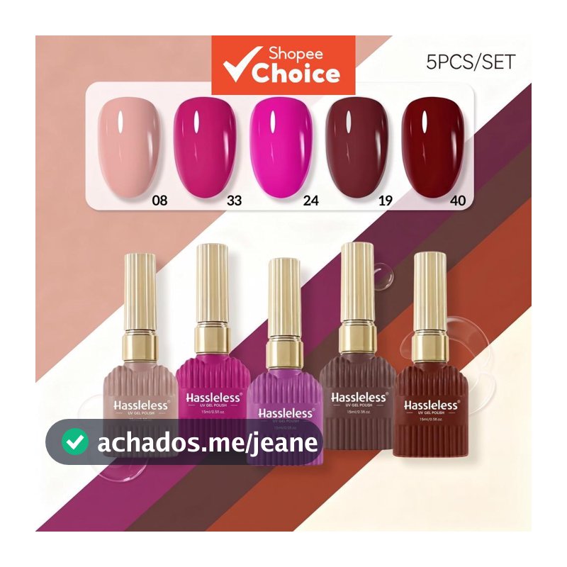 Hassleless Kit com 5 esmaltes em gel retrô em tons românticos: nude rosado, magenta brilhante, chocolate marrom, vinho