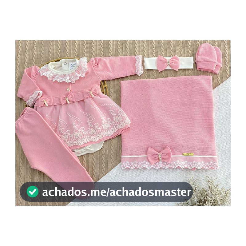 Saída de Maternidade Mundo Colorido – 6 Peças em Malha Tricô: Vestido, Body, Manta, Luvas e Tiara