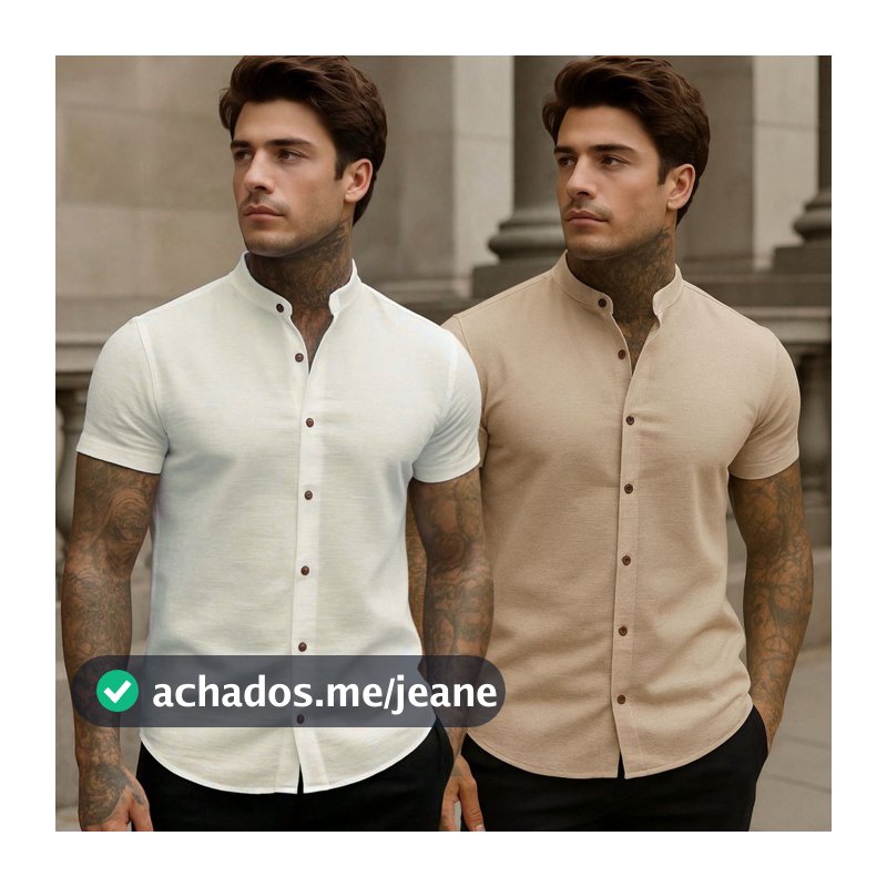 Kit 2 Camisa Social Masculina Linho Gola Padre Manga Curta Premium