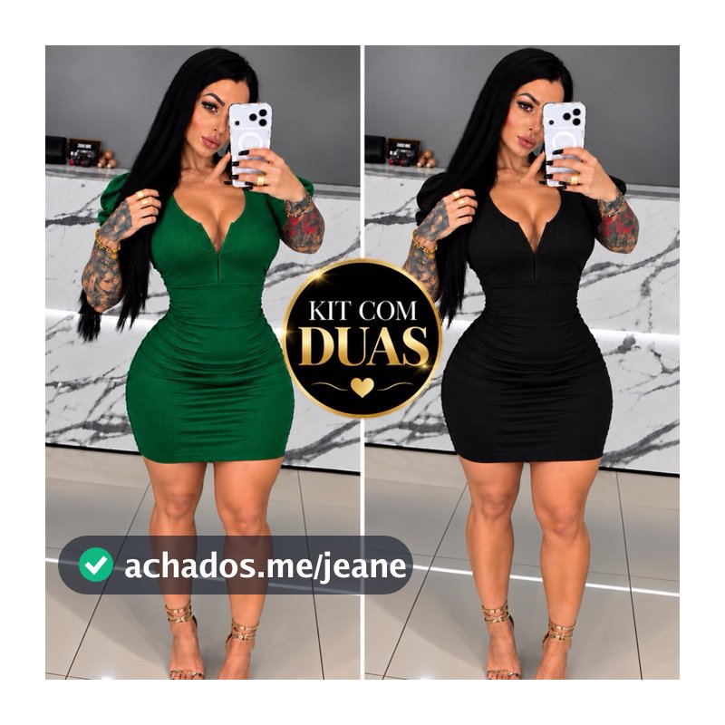 Kit 2 Vestidos Femininos Justos Com Manga Bufante Decote V Estilo Sexy Elegante Moda Casual E Festa