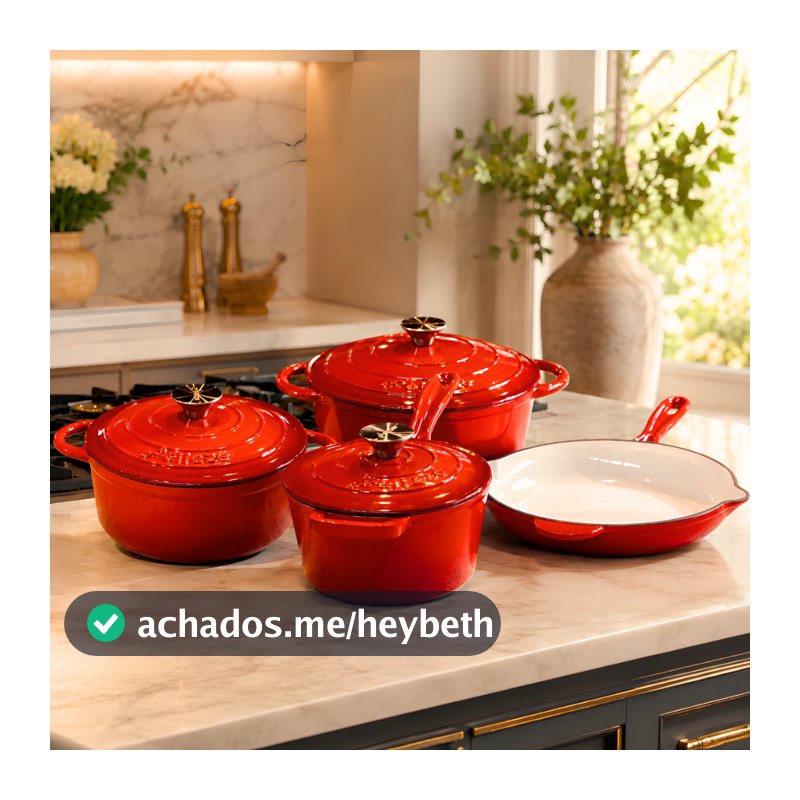 Kit Jogo Panelas Esmaltadas Antiaderente Ferro Fundido Chama e Indução Com Inmetro Estilo Creuset