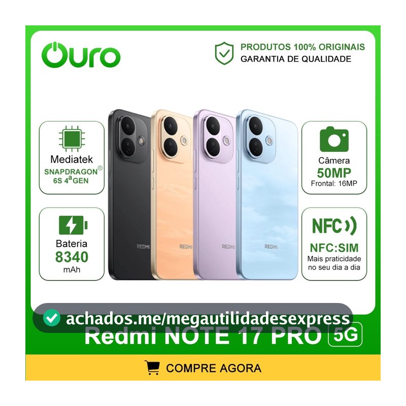 Xiaomi Redmi  Note 17 PRO 5G, Bateria 8340mAh, Versão Global, Snapdragon® 6s de 4ª gen,  128-512GB + 6-8GB RAM