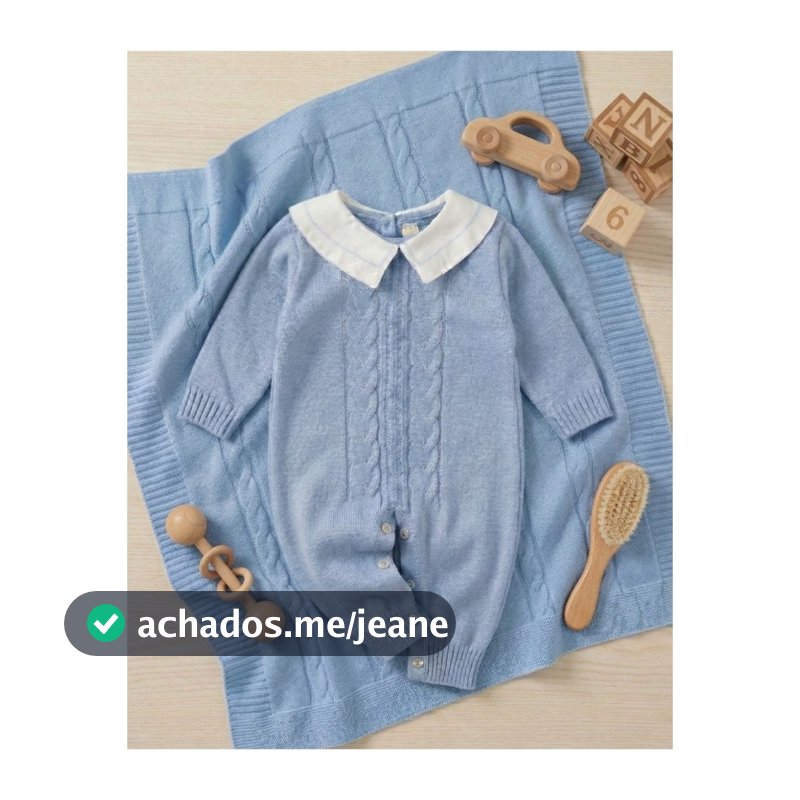 Kit Saída Maternidade Menino Tricô Macacão e Manta Tricot Bebe