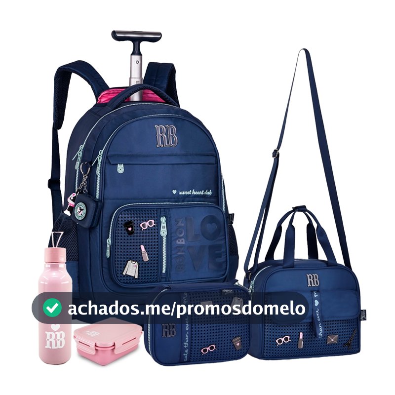 Kit Mochila Rodinhas Estojo Box e Lancheira Térmica Rebecca Bonbon Linha 2027 Oficial Alças