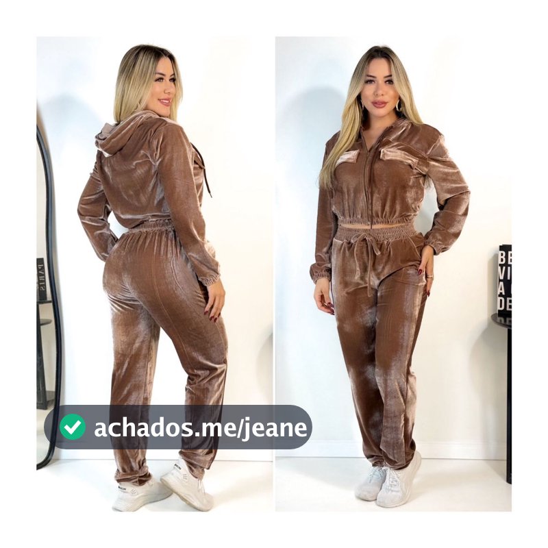 Conjunto Veludo Cristal Feminino Com Capuz Ziper Calça Com Bolso Frio Outonio Inverno