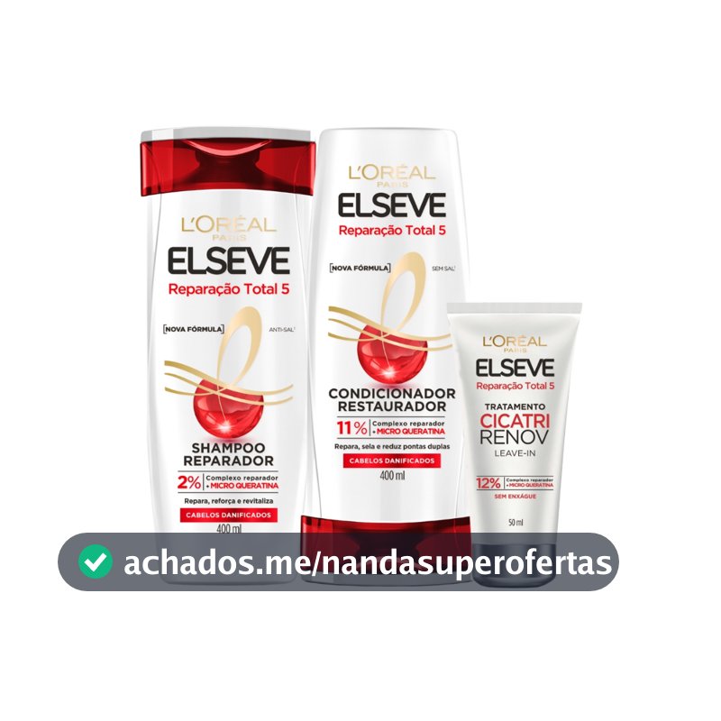 Kit Reparação Total 5 L'Oréal Paris Elseve  Shampoo 400ml + Condicionador 400ml + Leave-in de Tratamento Cicatri Renov
