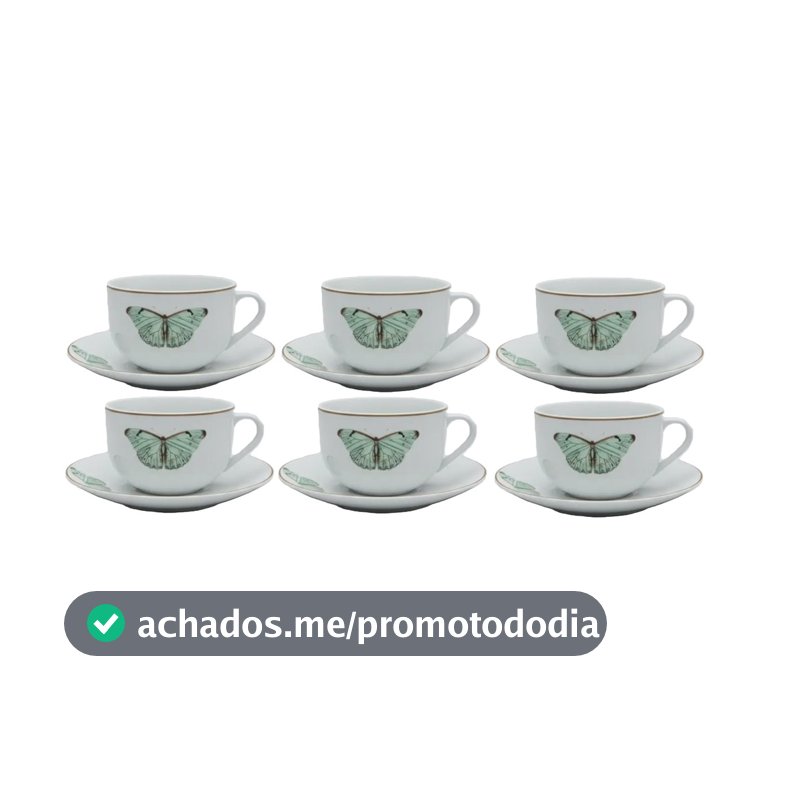 Jogo 6 Xicaras Com Pires Café Borboleta Porcelana 80 ml