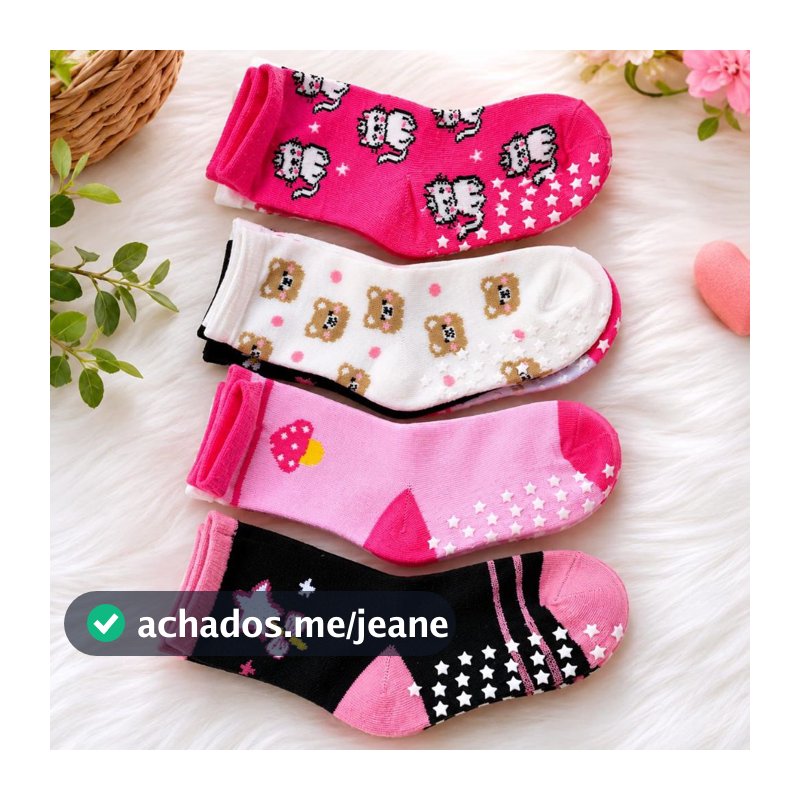 Kit Até 12 Pares Meia Infantil Menina Antiderrapante Estampadas