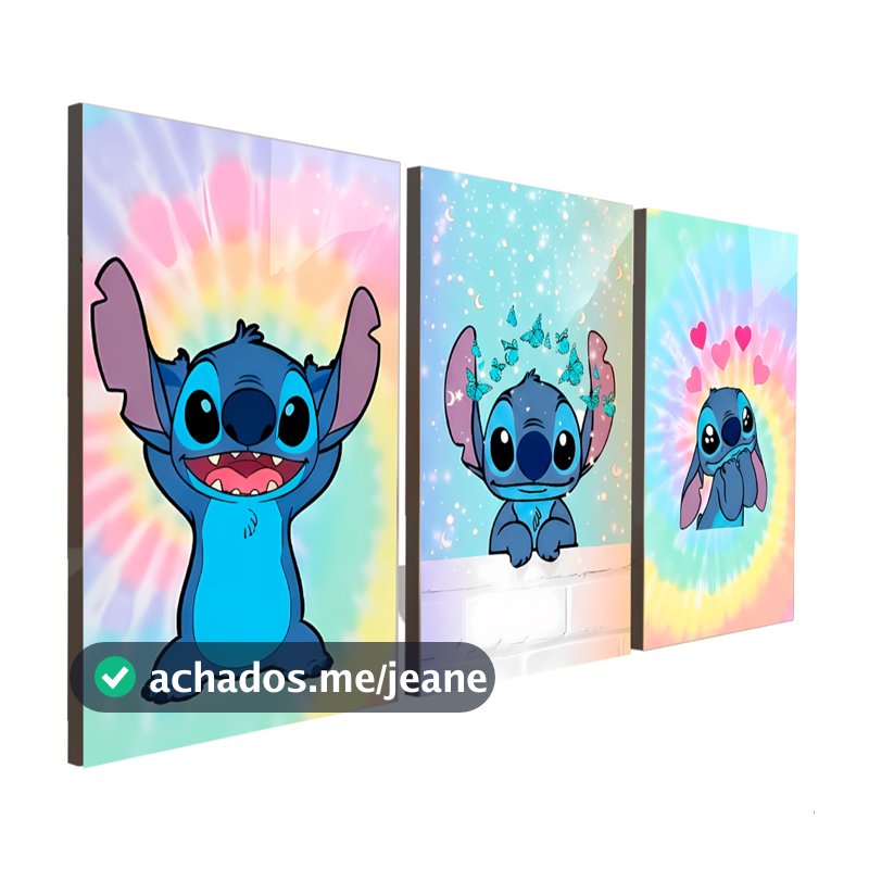 Quadros Decorativos 3 Peças Lilo & Stitch Arco Iris Desenho Infantil Casa Sala Quarto Decoração Parede
