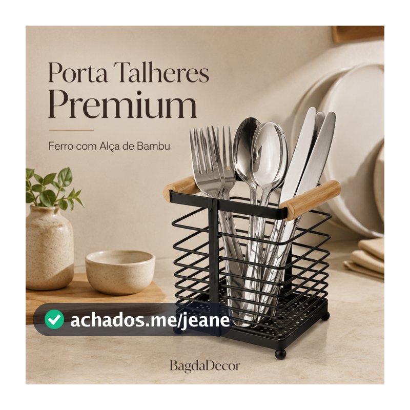 Porta Talheres de Ferro com Alça Bambu - Design Moderno, Resistente, Compacto e Pronto Entrega