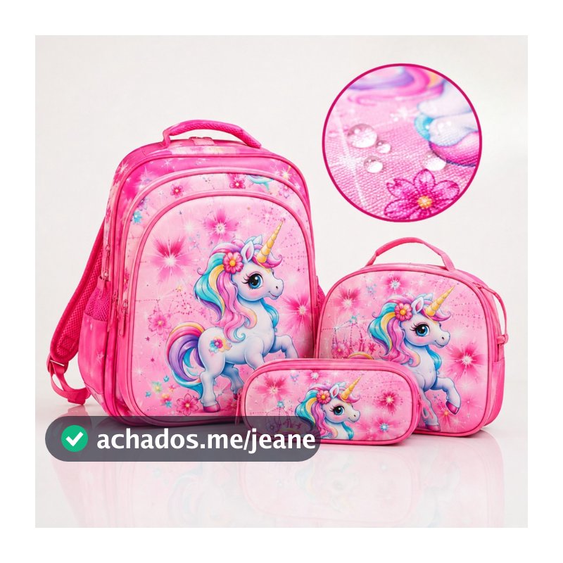 Kit Mochila Infantil 3 Peças Lancheira + Estojo Desenho 3D Escolar e Reforçada Desenho Menina Aleatório