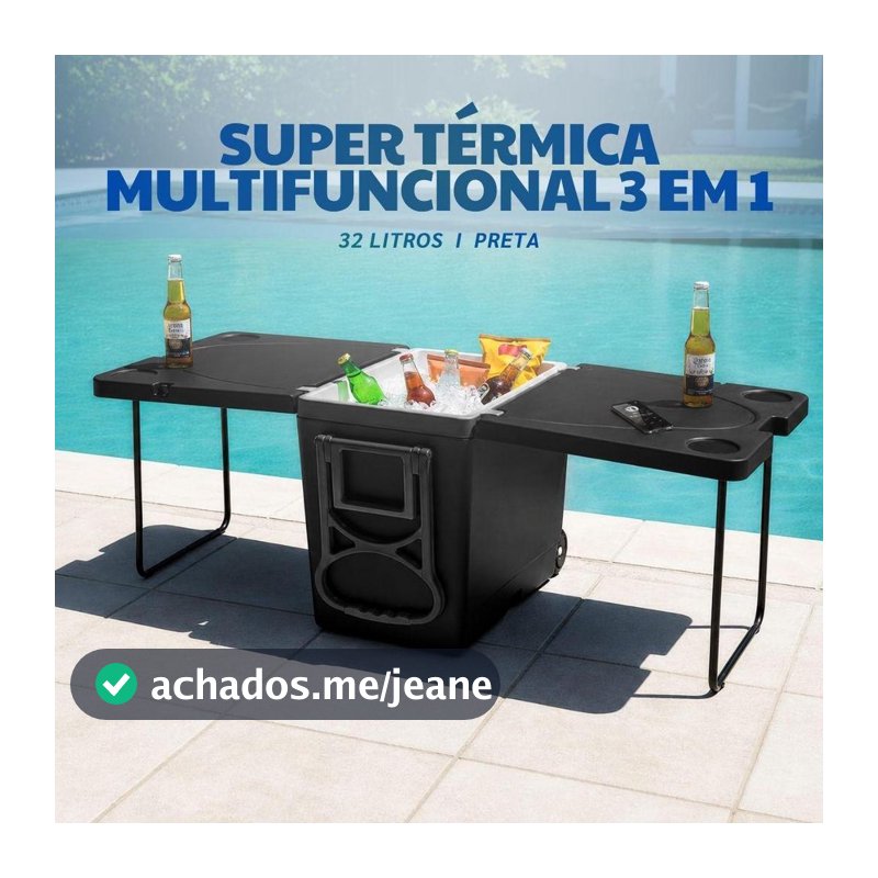 Super Caixa Térmica Cooler Multifuncional 32L 3 em 1 Com 2 Mesas Camping Praia Arqplast Preta All Black
