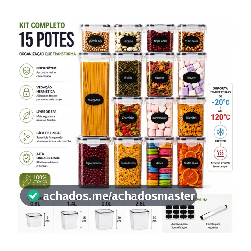 Kit 15 Potes Hermético Cadencia Mantimentos Quadrado Freezer Micro-ondas 22,4L Com Adesivos e Canetinha