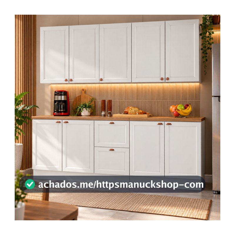 Cozinha Modulada Olivia 9 Portas 2 Gavetas 4 Peças Portas em MDF Balcões Tampo 200 cm Poliman Móveis