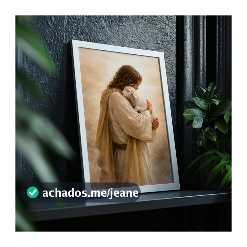 Quadro Com Moldura Jesus Com Cordeiro Religioso Fé Cristão Arte Sacra Esperança