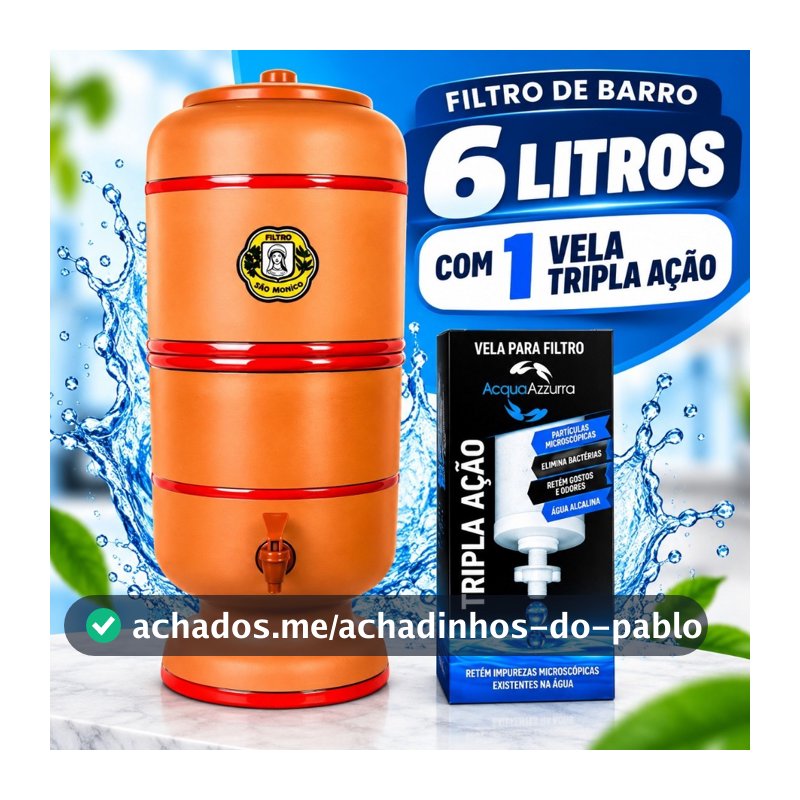 Filtro de Barro 6 Litros Completo com Vela Tripla Ação Boia e Torneira