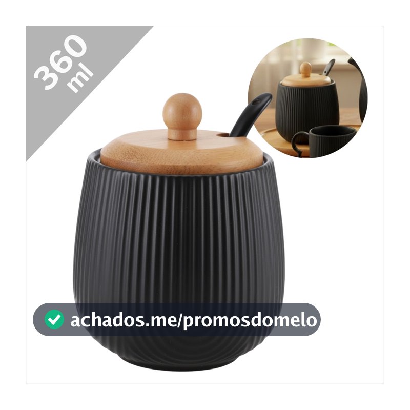 Porta Açúcar Açucareiro Cerâmica 360ml Tampa Bambu E Colher Pote Mantimento Café Linha Oásis Luxo