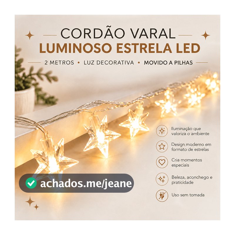 Cordão Varal Luminoso Formato de Estrela Decoração de Ambientes Led 2 metros Diversas Cores