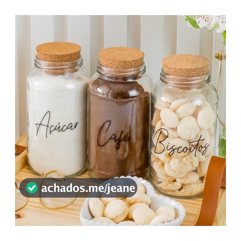 Kit Cantinho do Café - Café, Açúcar e Biscoitos | 3 potes de Vidro 810ml com Tampa Rolha + Adesivos