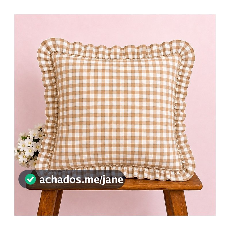 Capa de Almofada 40x40 Xadrez Vichy Bege Ocre com Babado Estilo Farmhouse Elegante para Sofá Sala Quarto