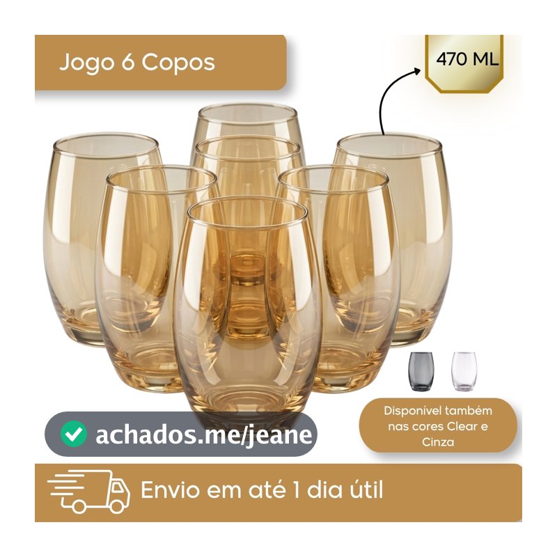 Jogo 6 Copos Vidro Long Drink 470ml Água Suco Drinks Transparente Cinza Âmbar