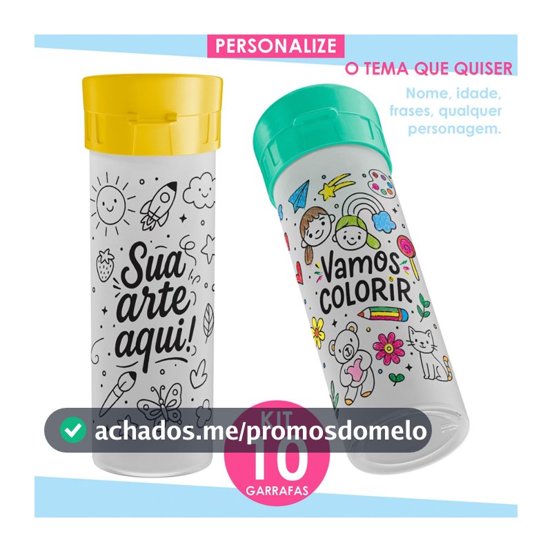 Garrafa de água p/colorir pintar personalizada infantil lembrancinha copos aniversário squeeze 10Un