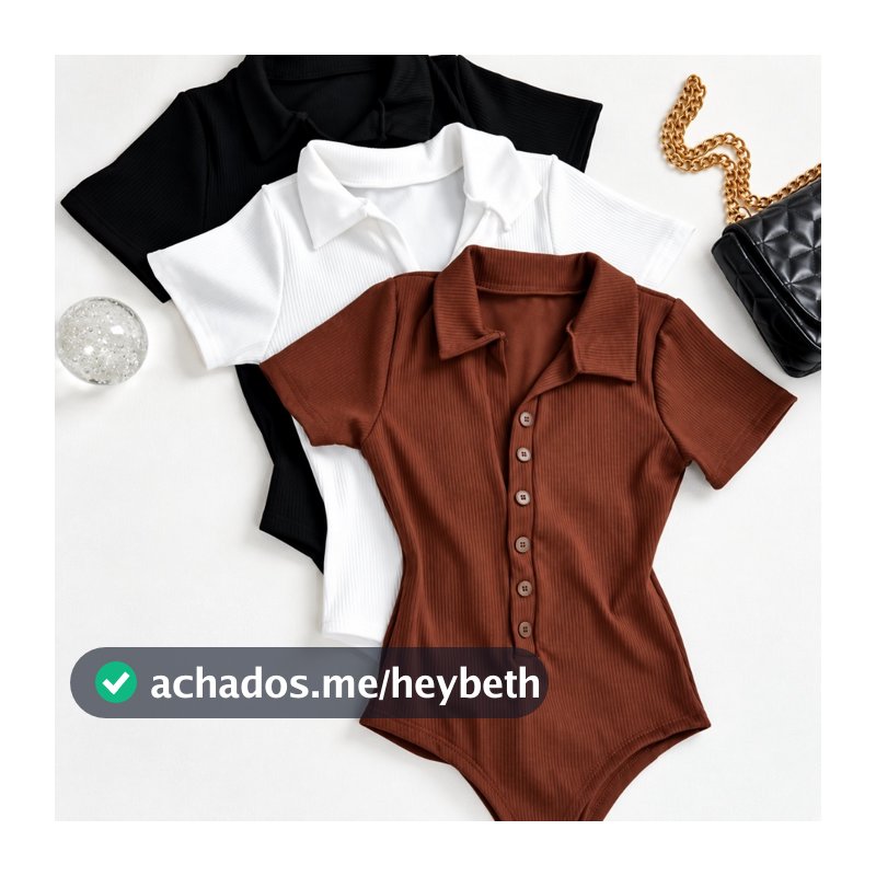 Body Feminino Gola Polo Canelado Manga Curta com Botões – Modelo Collant