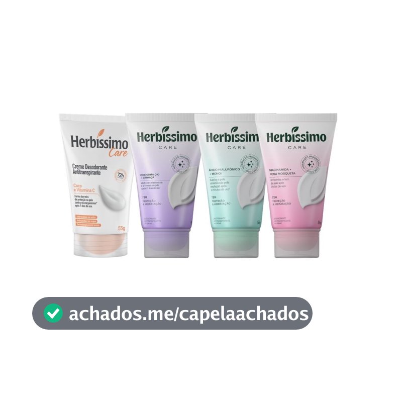 Kit Desodorante Creme Antitranspirante Herbíssimo Care Bisnaga | Rosa Mosqueta + Monoí + Coco + Linhaça 55g (4 unidades)