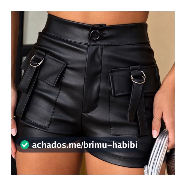 Shorts Feminino Couro Fake Cargo com Fivelas Cintura Alta Festa Balada Rodeio