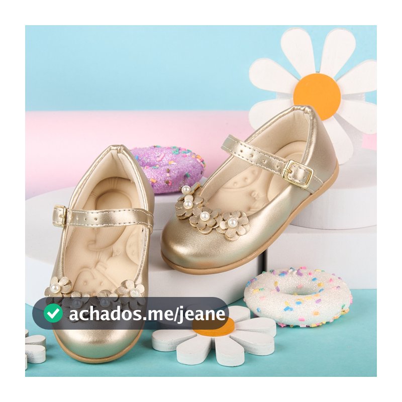Sapatilha Infantil Menina Sapato Boneca Feminina Fivela Social Enfeite Flor Dourado Brilho Conforto