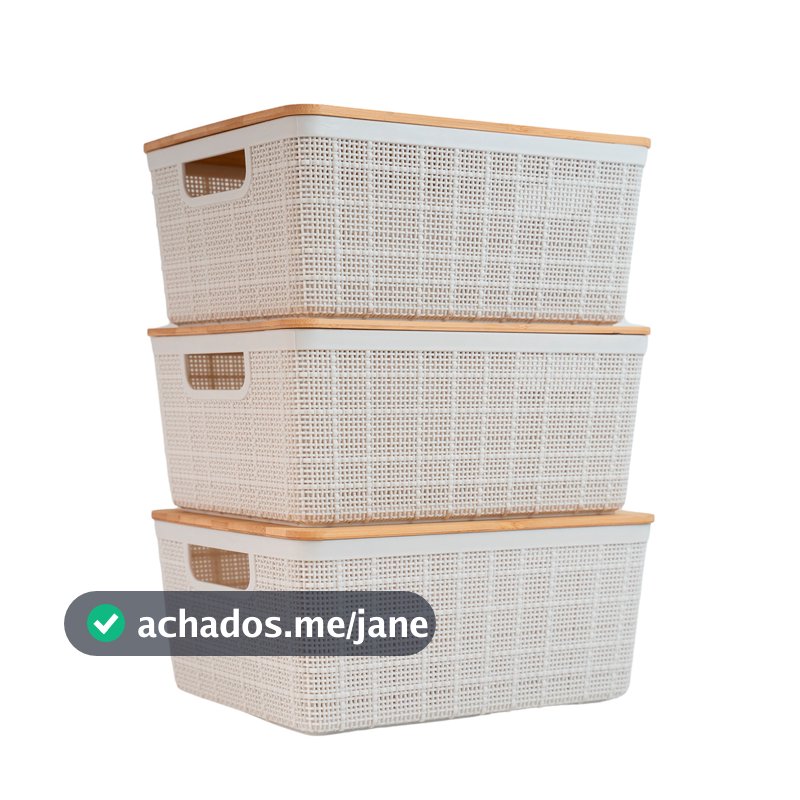 Kit 3 Caixas Organizadoras 4 Litros Brancas C/ Tampa Bambu Oikos