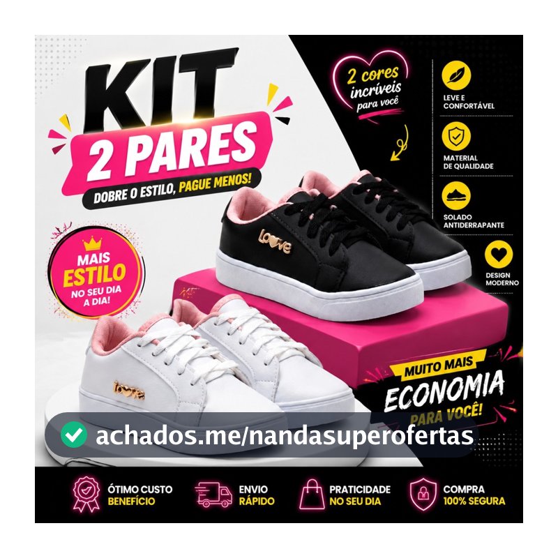 Kit 2 Pares Sapato Infantil Menina Com Cadarço Sola Leve Visual Moderno Moda Infantil