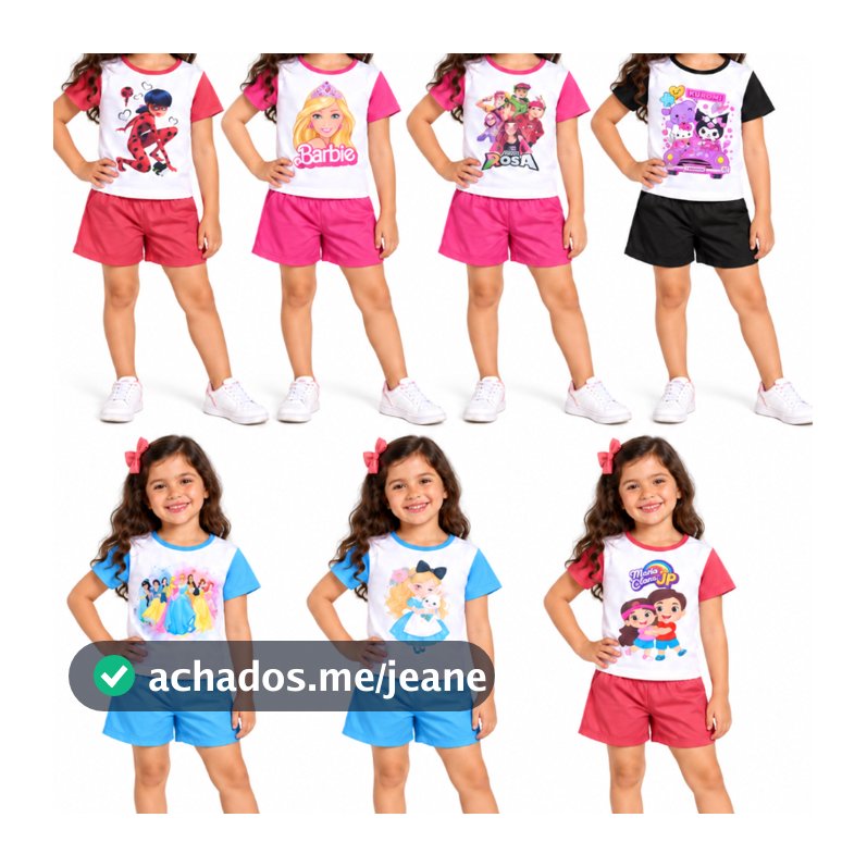 Conjunto Infantil Menina Camiseta + Short Estampa Aleatória Personagens Roupa Infantil Verão Confortável Roupa