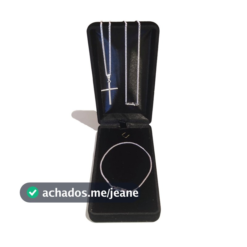 Correntinha Masculina + Pulseira + Pingente Cruz Banhado A Prata 925