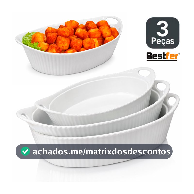 Conjunto Jogo de  Travessas 3 peças Oval em Melanina Bestfer PMG Branca opaline
