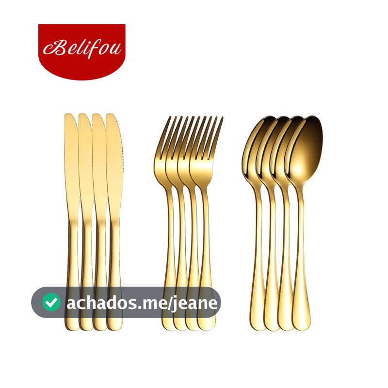 Belifou Kit 12 Jogo De Talheres Para Bife Aço Inoxidável Dourados