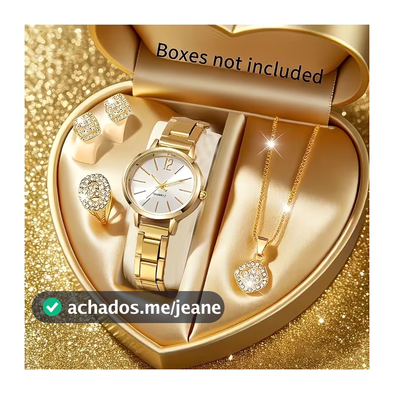 Conjunto De Joias De Relógio De Quartzo Em Tom Dourado Feminino 4 Peças Com Colar Brincos Para Anel
