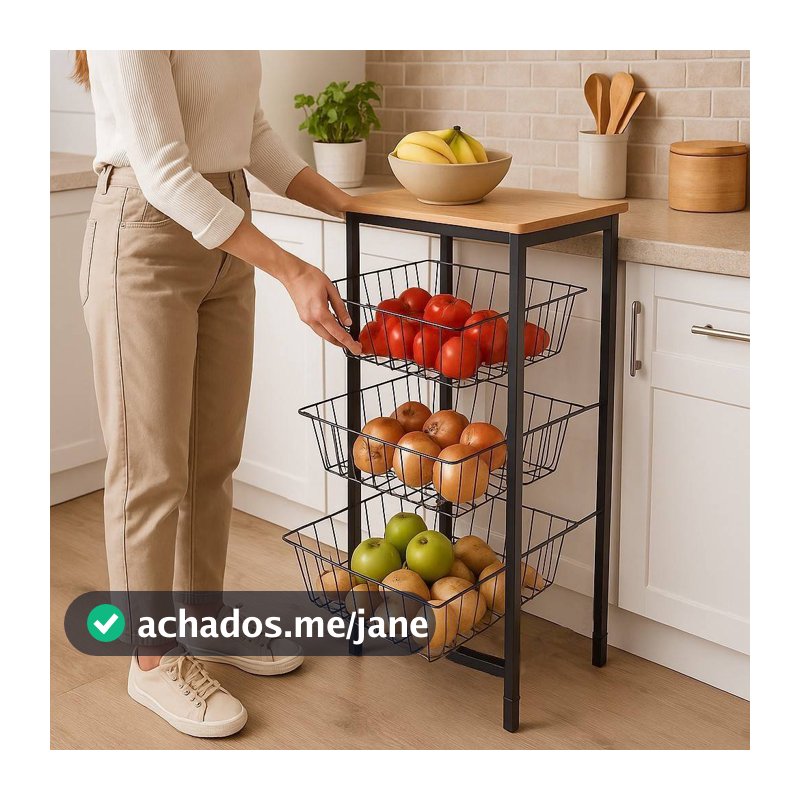 Fruteira De Chão Industrial Cozinha Reforçada 3 Cestos Em Aço