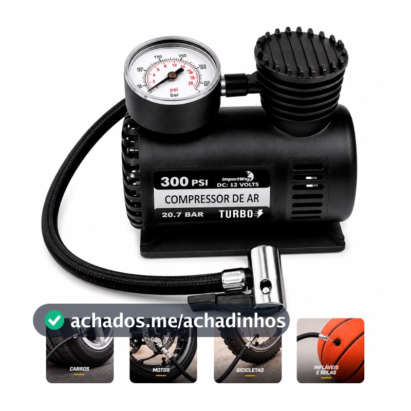 Mini Compressor Ar Automotivo Turbo 12v 300 Psi Para Pneu Carro Moto Bicicleta Colchão Bola Infláveis Com 2,80m Cabo
