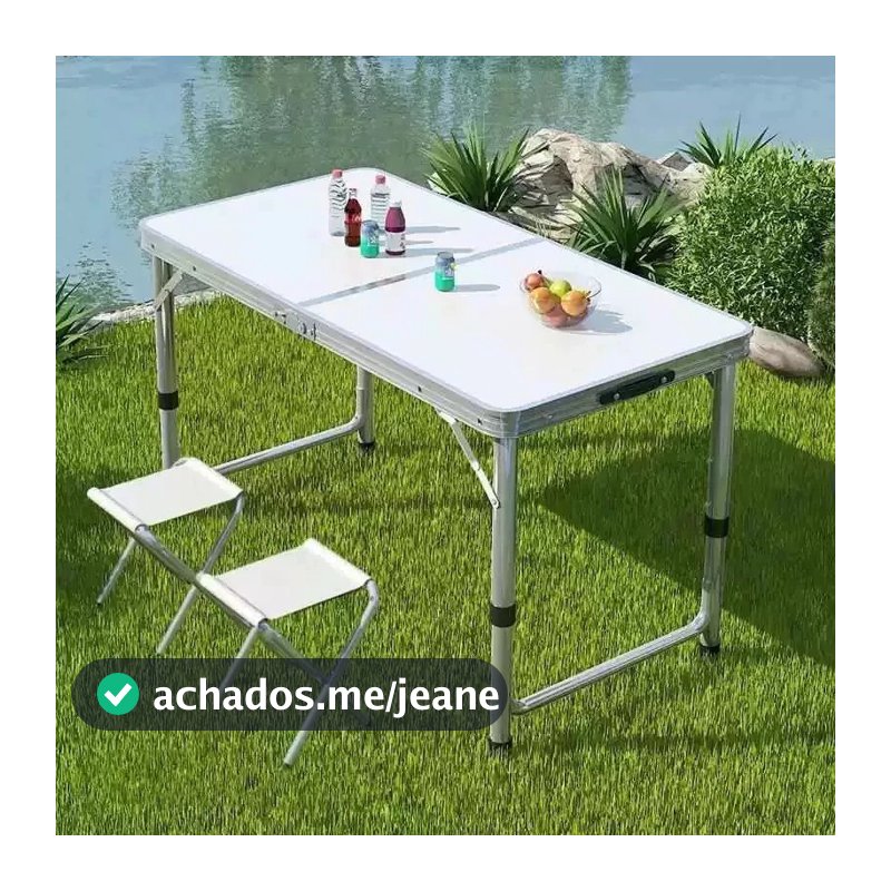 Kit Mesa Dobrável Portátil Vira Maleta Camping Churrasco 90X60cm com 2 Banquinhos Dobráveis Brancos