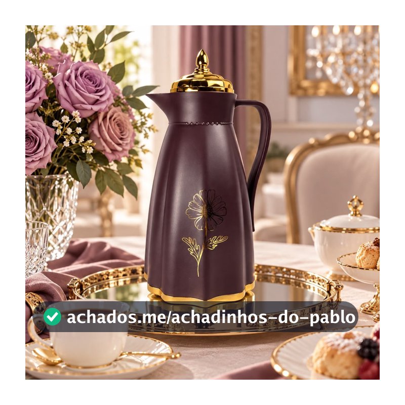 GARRAFA TÉRMICA ROXA 1L COM DETALHES DOURADOS EM AÇO INOXIDÁVEL